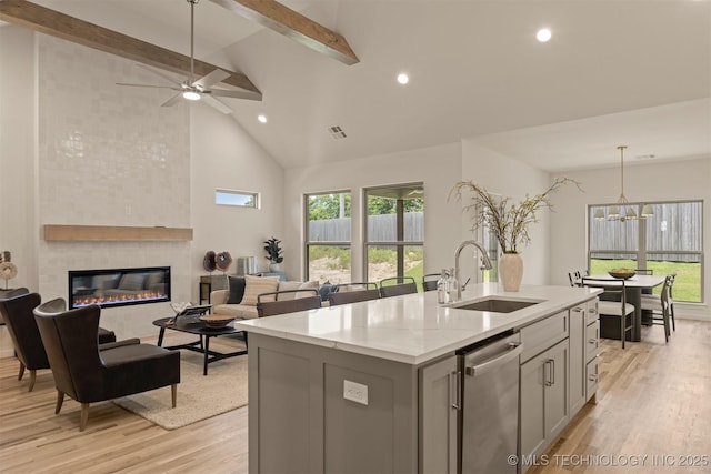 1331 N Beech St, Broken Arrow, OK 74012 - kitchen featuring gray cabinetry, a sink, light wood-type flooring, beam ceiling, and open floor plan