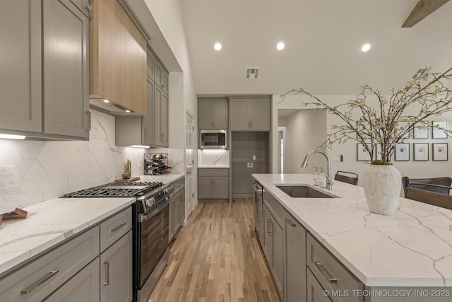 1331 N Beech St, Broken Arrow, OK 74012 - kitchen featuring appliances with stainless steel finishes, gray cabinetry, a sink, backsplash, and light wood finished floors