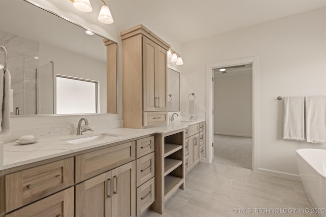 1331 N Beech St, Broken Arrow, OK 74012 - full bath featuring vanity, a freestanding tub, a shower stall, and baseboards
