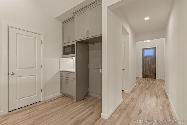 1331 N Beech St, Broken Arrow, OK 74012 - kitchen featuring gray cabinetry, light wood-style flooring, built in microwave, baseboards, and recessed lighting