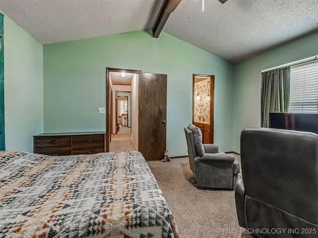 carpeted bedroom featuring a textured ceiling, a ceiling fan, and ensuite bathroom