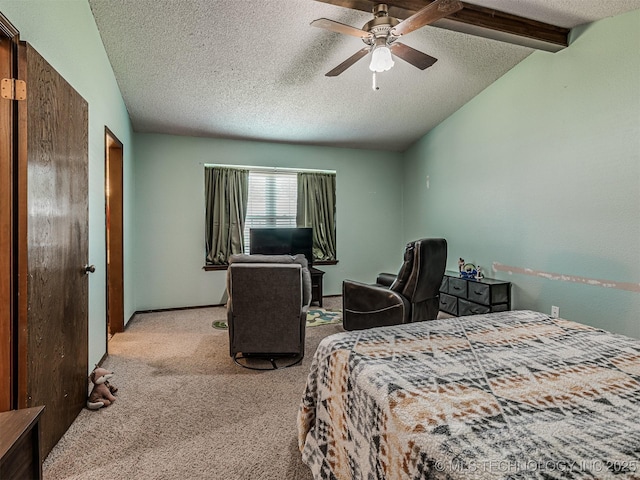 carpeted bedroom with a textured ceiling, vaulted ceiling, and ceiling fan