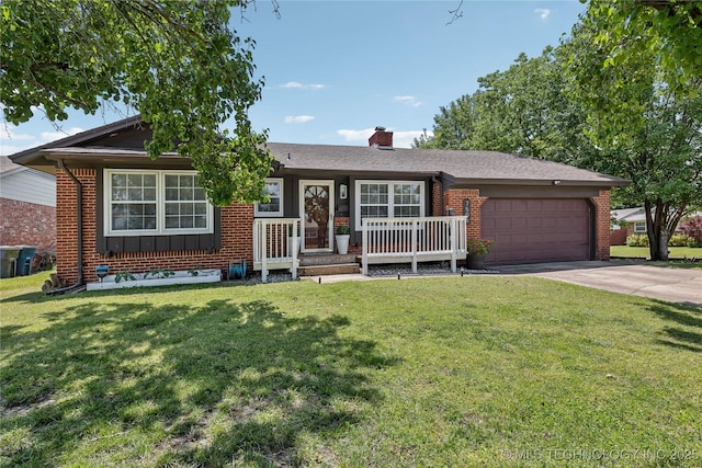 7506 E 27th St, Tulsa, OK 74129 - single story home with brick siding, an attached garage, concrete driveway, a front yard, and a chimney