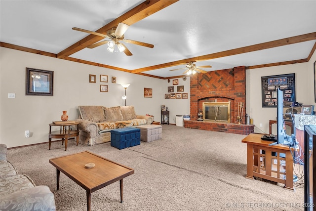 2750 Enterprise, Lone Grove, OK 73401 - living room featuring beam ceiling, a ceiling fan, carpet floors, a fireplace, and baseboards
