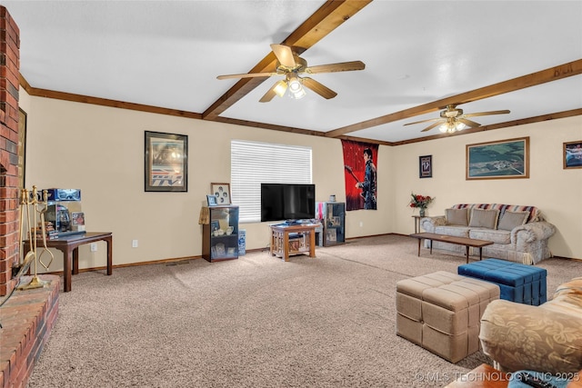 2750 Enterprise, Lone Grove, OK 73401 - carpeted living area with ceiling fan, beamed ceiling, and baseboards