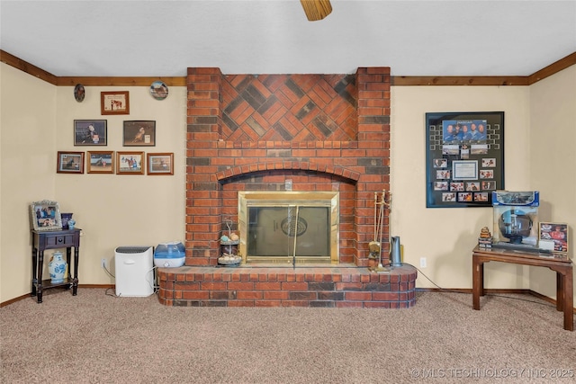 2750 Enterprise, Lone Grove, OK 73401 - carpeted living area with a brick fireplace, baseboards, and a ceiling fan