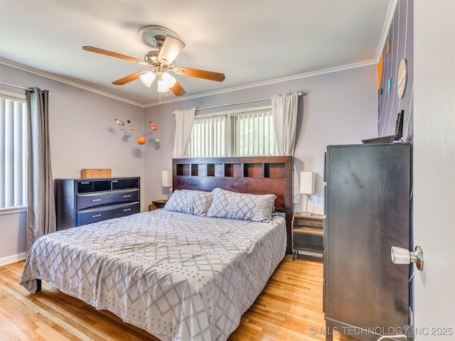 3931 S Oswego Ave, Tulsa, OK 74135 - bedroom featuring multiple windows, light wood finished floors, ornamental molding, ceiling fan, and baseboards