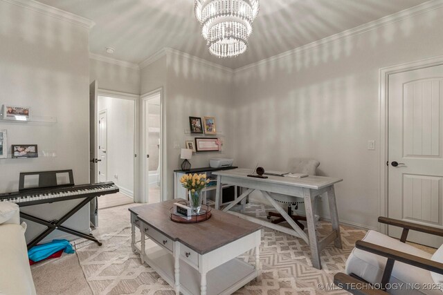 9475 E 107th Pl S, Bixby, OK 74133 - home office with crown molding, a chandelier, and light carpet