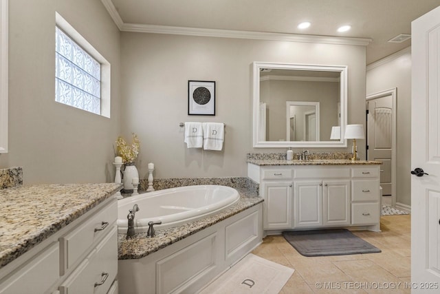 9475 E 107th Pl S, Bixby, OK 74133 - full bath featuring crown molding, a bath, vanity, tile patterned floors, and recessed lighting