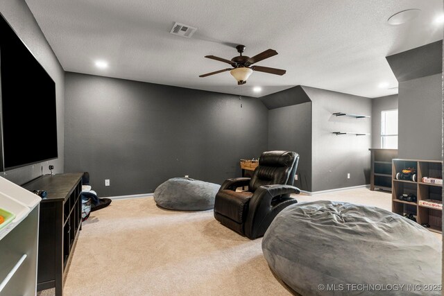 9475 E 107th Pl S, Bixby, OK 74133 - home theater with a ceiling fan, carpet floors, baseboards, a textured ceiling, and recessed lighting