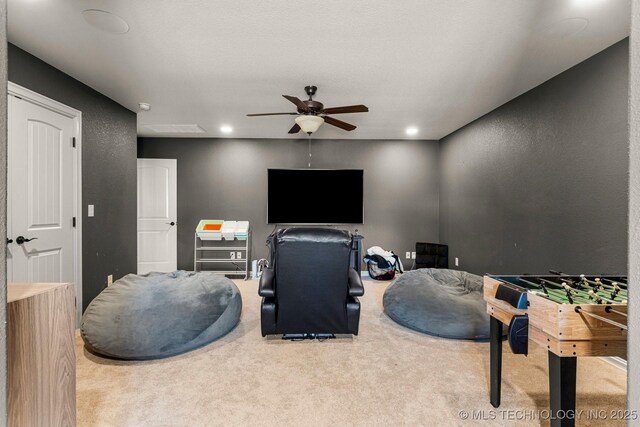 9475 E 107th Pl S, Bixby, OK 74133 - recreation room featuring carpet flooring, a ceiling fan, and recessed lighting