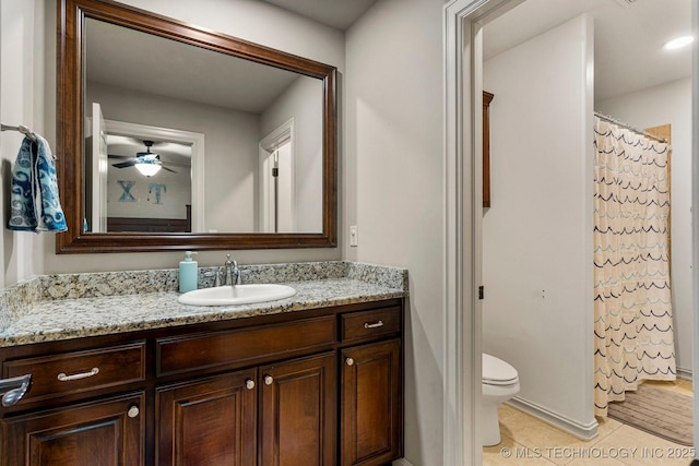 9475 E 107th Pl S, Bixby, OK 74133 - full bath featuring tile patterned floors, vanity, a ceiling fan, and toilet