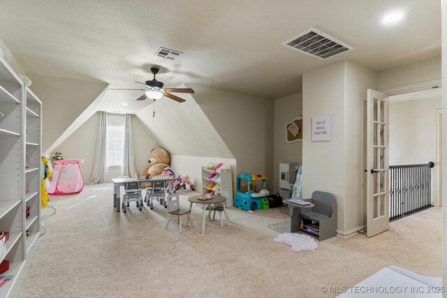 9475 E 107th Pl S, Bixby, OK 74133 - playroom with carpet flooring, a ceiling fan, and lofted ceiling