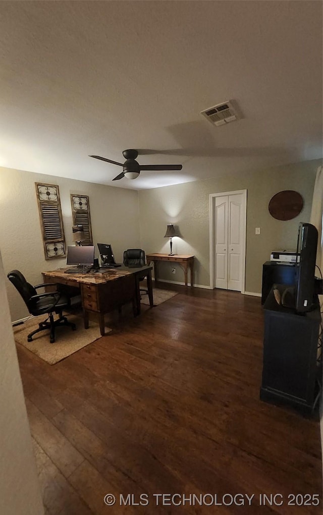 5328 Monroe Rd, Kingston, OK 73439 - office area with wood finished floors and ceiling fan
