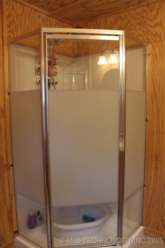 6363 S Brewer Rd, Kiowa, OK 74553 - full bath with a stall shower and wood walls