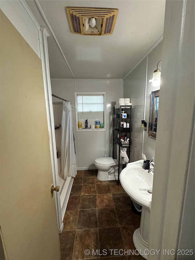 bathroom featuring toilet, stone finish flooring, and a sink