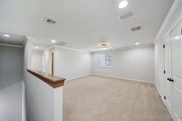 10235 S 96th E Pl, Tulsa, OK 74133 - empty room with ornamental molding, recessed lighting, a ceiling fan, baseboards, and light colored carpet