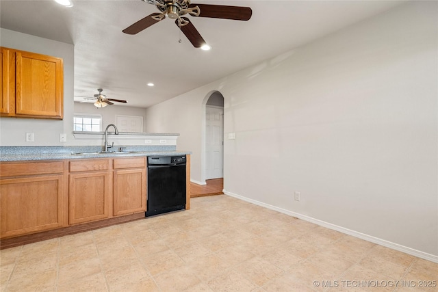 14768 S Fern Pl E, Glenpool, OK 74033 - kitchen featuring black dishwasher, a sink, ceiling fan, arched walkways, and recessed lighting