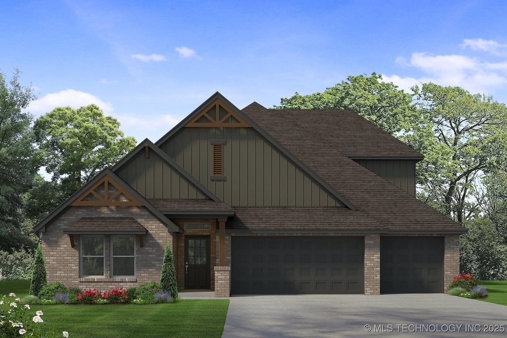 view of front of property featuring board and batten siding, brick siding, driveway, and a garage