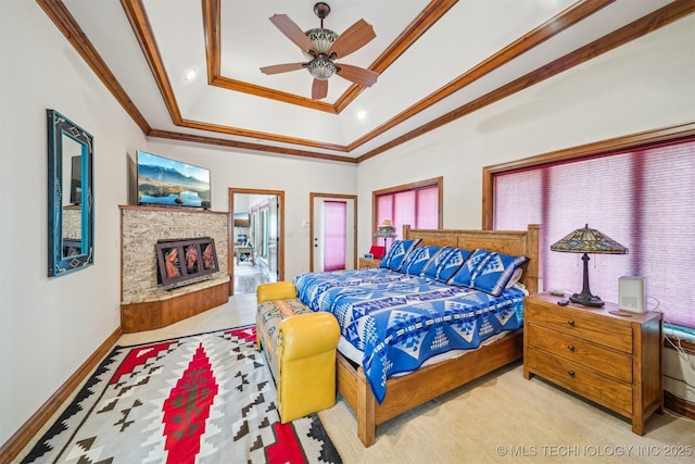 441 Ramey St, Eucha, OK 74342 - bedroom featuring ornamental molding, a fireplace, baseboards, ceiling fan, and lofted ceiling