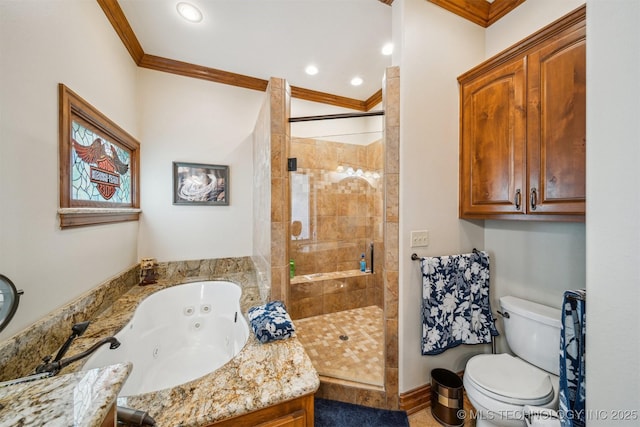 441 Ramey St, Eucha, OK 74342 - full bathroom with ornamental molding, a tile shower, a tub with jets, toilet, and recessed lighting