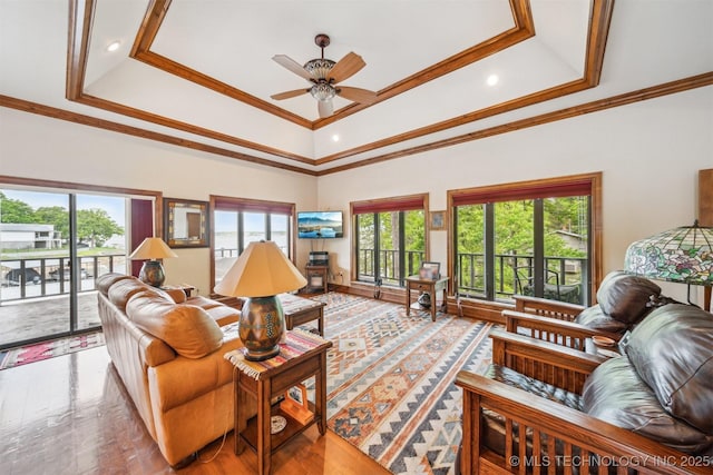 441 Ramey St, Eucha, OK 74342 - living room featuring a tray ceiling, crown molding, a ceiling fan, recessed lighting, and wood finished floors