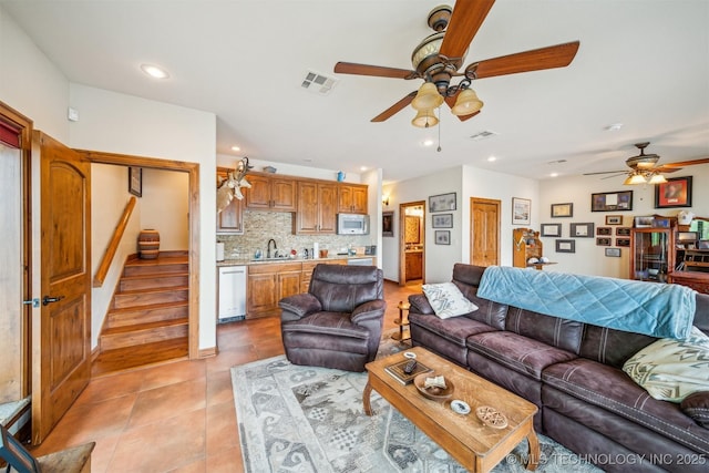 441 Ramey St, Eucha, OK 74342 - living room featuring ceiling fan, wet bar, light tile patterned flooring, recessed lighting, and stairway