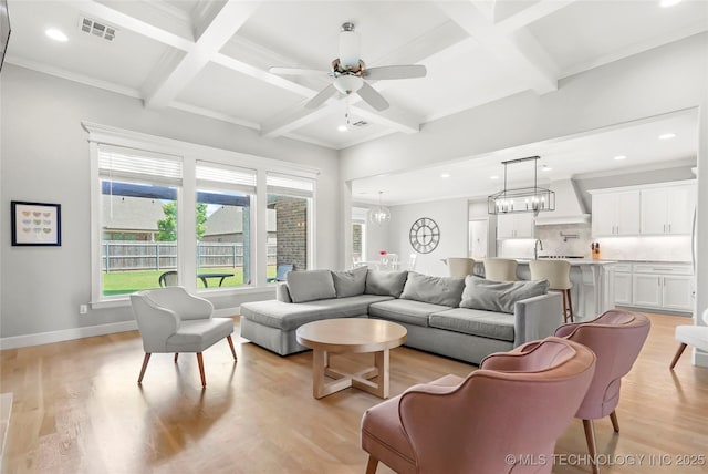 12113 S Fulton Ave E, Bixby, OK 74008 - living area featuring coffered ceiling, light wood-style floors, beam ceiling, baseboards, and recessed lighting