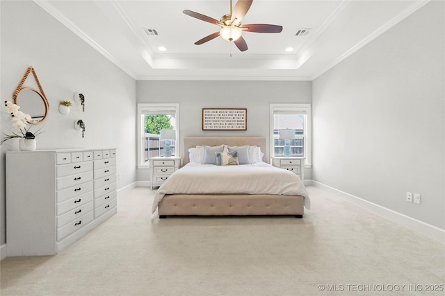 12113 S Fulton Ave E, Bixby, OK 74008 - carpeted bedroom featuring a raised ceiling, baseboards, crown molding, a ceiling fan, and recessed lighting