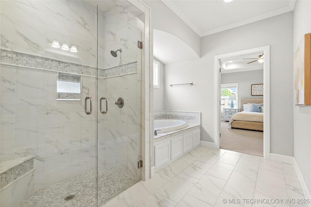 12113 S Fulton Ave E, Bixby, OK 74008 - full bath featuring ornamental molding, connected bathroom, a garden tub, a marble finish shower, and marble finish floors