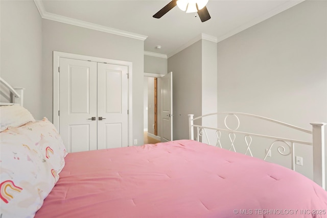 12113 S Fulton Ave E, Bixby, OK 74008 - bedroom with ornamental molding, a closet, and a ceiling fan