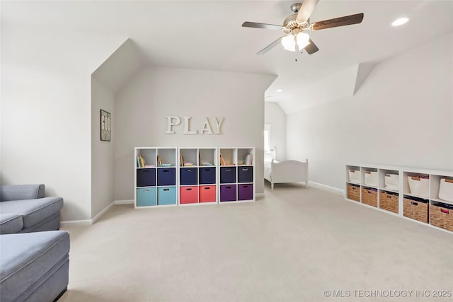 12113 S Fulton Ave E, Bixby, OK 74008 - playroom with baseboards, lofted ceiling, carpet floors, ceiling fan, and recessed lighting