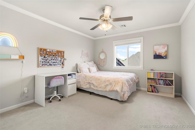 12113 S Fulton Ave E, Bixby, OK 74008 - bedroom with carpet flooring, ornamental molding, baseboards, and a ceiling fan