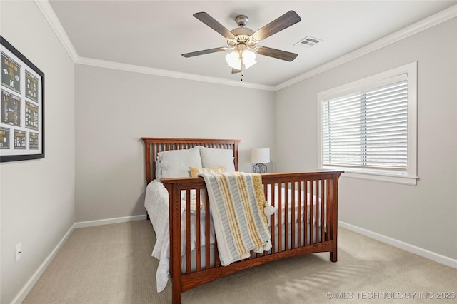 12113 S Fulton Ave E, Bixby, OK 74008 - bedroom with carpet floors, baseboards, ornamental molding, and a ceiling fan