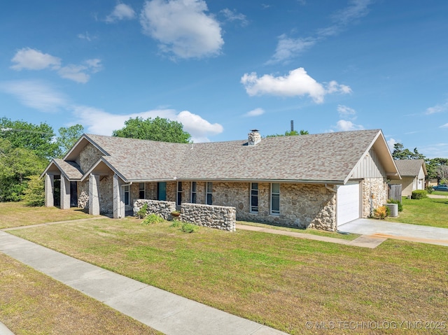 6505 E 47th St, Tulsa, OK 74145 - ranch-style house with stone siding, an attached garage, concrete driveway, central AC unit, and a chimney