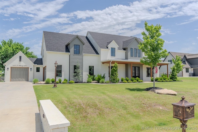6407 N Blue Sage Dr, Owasso, OK 74055 - modern inspired farmhouse with concrete driveway, an attached garage, a front yard, a shingled roof, and stucco siding