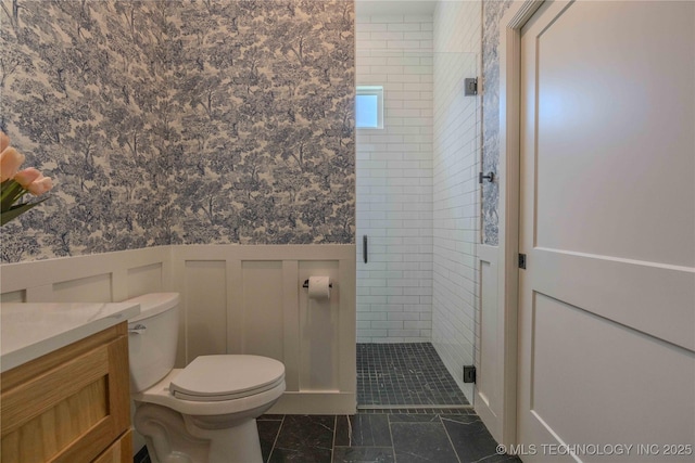 6407 N Blue Sage Dr, Owasso, OK 74055 - full bath with toilet, a stall shower, wainscoting, vanity, and wallpapered walls