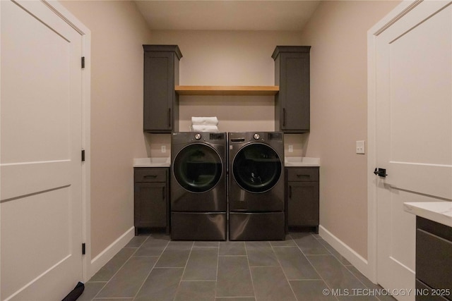 6407 N Blue Sage Dr, Owasso, OK 74055 - laundry area featuring cabinet space, independent washer and dryer, baseboards, and dark tile patterned floors