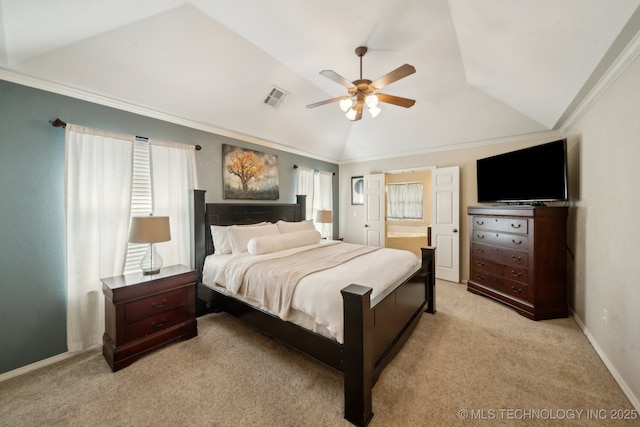 bedroom featuring light colored carpet, vaulted ceiling, ornamental molding, baseboards, and ensuite bath