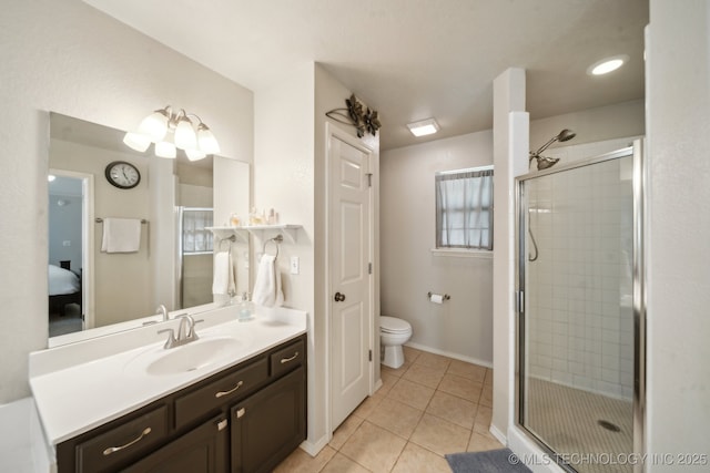 full bathroom with a stall shower, tile patterned flooring, toilet, vanity, and connected bathroom