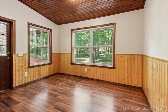 unfurnished room with a wainscoted wall, lofted ceiling, wood finished floors, wood walls, and wood ceiling