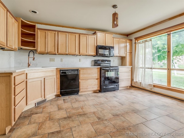 7446 E 20th St, Tulsa, OK 74112 - kitchen featuring black appliances, light brown cabinetry, open shelves, and plenty of natural light