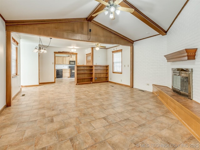 7446 E 20th St, Tulsa, OK 74112 - unfurnished living room featuring a ceiling fan, baseboards, a fireplace, a chandelier, and brick wall