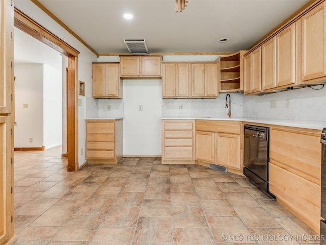 7446 E 20th St, Tulsa, OK 74112 - kitchen featuring black dishwasher, light brown cabinetry, open shelves, light countertops, and recessed lighting