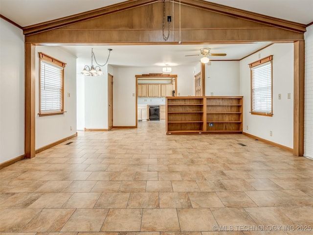 7446 E 20th St, Tulsa, OK 74112 - unfurnished living room with a chandelier, a ceiling fan, and vaulted ceiling