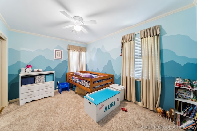 9599 E 155th Ave N, Owasso, OK 74055 - bedroom with ornamental molding, carpet, and ceiling fan