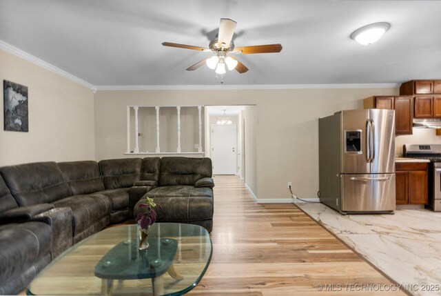 11815 S 86th E Ave, Bixby, OK 74008 - living area featuring crown molding, a ceiling fan, baseboards, and light wood-style flooring