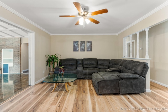 11815 S 86th E Ave, Bixby, OK 74008 - living area featuring a ceiling fan, wood finished floors, ornamental molding, and baseboards