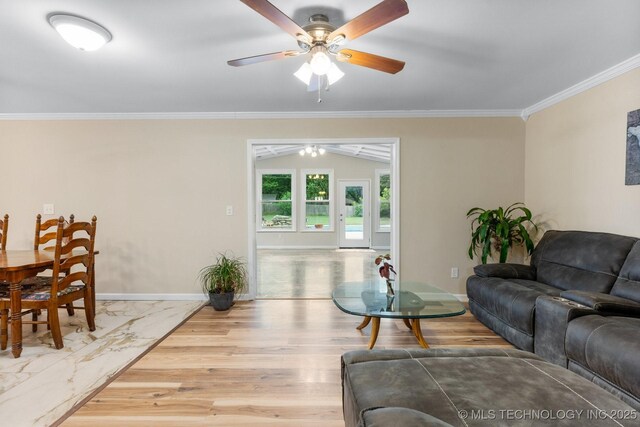 11815 S 86th E Ave, Bixby, OK 74008 - living room featuring crown molding, a ceiling fan, baseboards, and wood finished floors