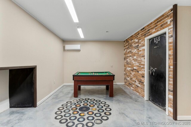 11815 S 86th E Ave, Bixby, OK 74008 - recreation room featuring finished concrete floors, an AC wall unit, brick wall, billiards table, and baseboards